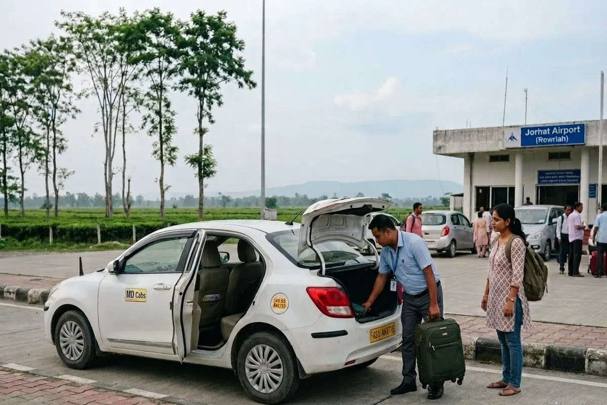 MD Cabs driver loading a solo traveller's luggage at Jorhat Airport, Rowriah