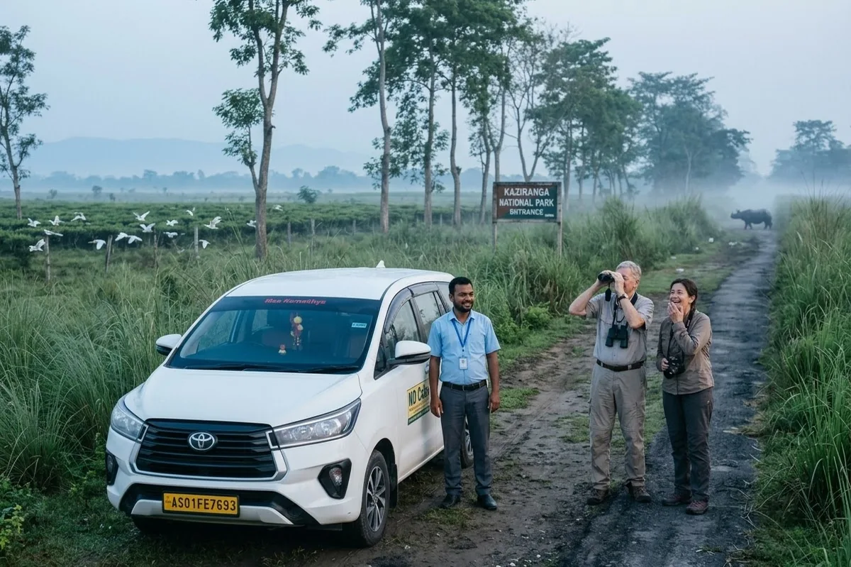 MD Cabs vehicle dropping passengers at the Kaziranga National Park entrance at dawn