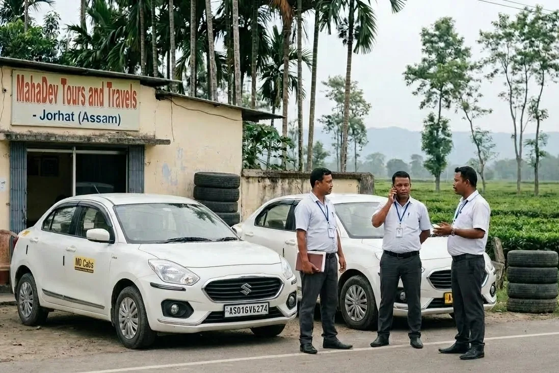 MD Cabs drivers and vehicles outside the MahaDev Tours and Travels office in Jorhat